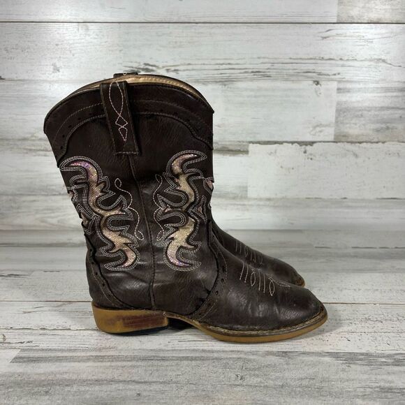 Roper Girls Kids Boots Embroidered Slip‎ On Sequin Leather Brown Size 1 - Picture 1 of 8